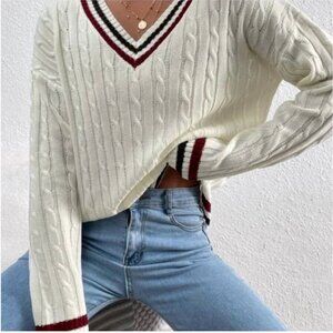 Shein Sweater Women Ivory V Neck Pullover Navy Blue Cricket Tennis Cable Knit S